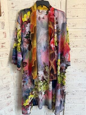 Sterling Styles Silk Kimono Duster Floral Boho Art Print One Size